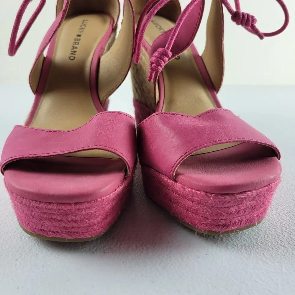 Lucky Brand Strappy Open Toe Wedges Espadilles Sandals Ankle Tie 9 Women Pink